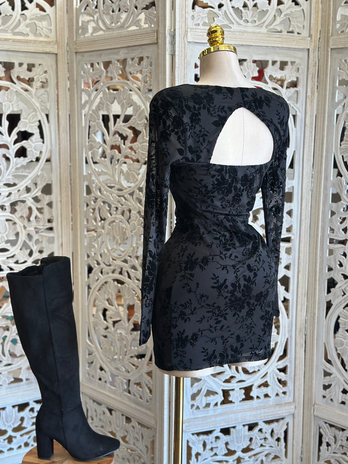 Velvet Floral Cutout Black Mini Dress- Stretchy,Estira