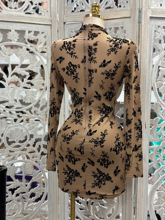 Velvet Floral Cutout Mini Dress- Stretchy, Estira