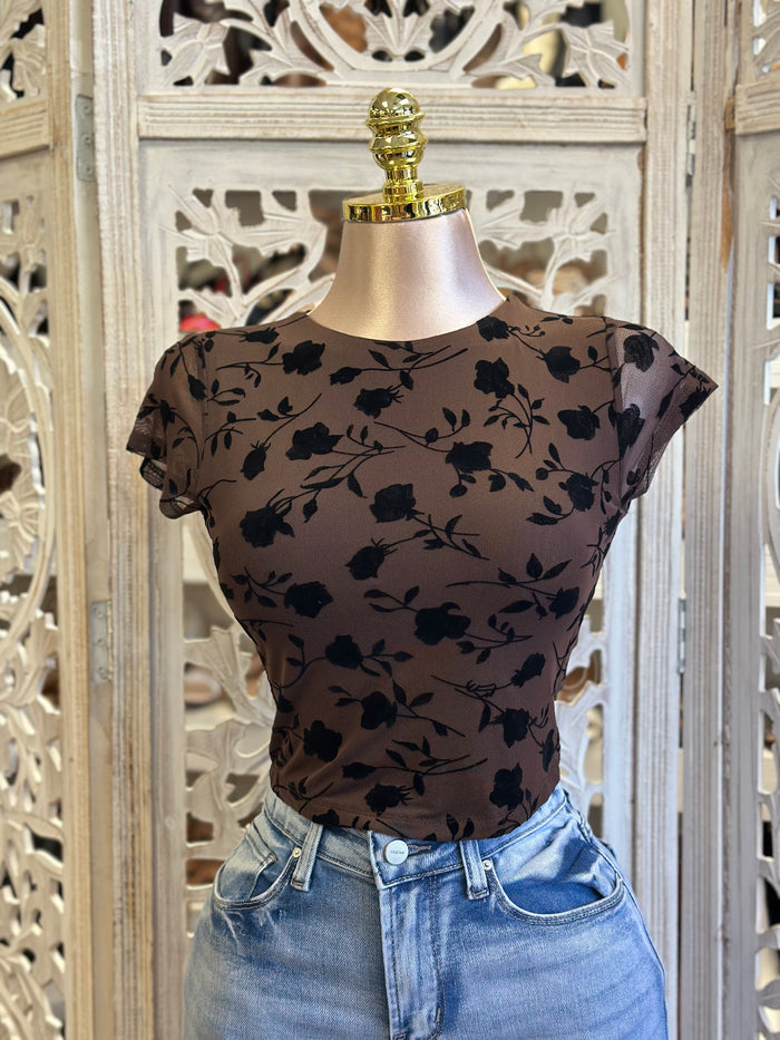 Velvet Floral Mesh Top- Estira, Stretchy