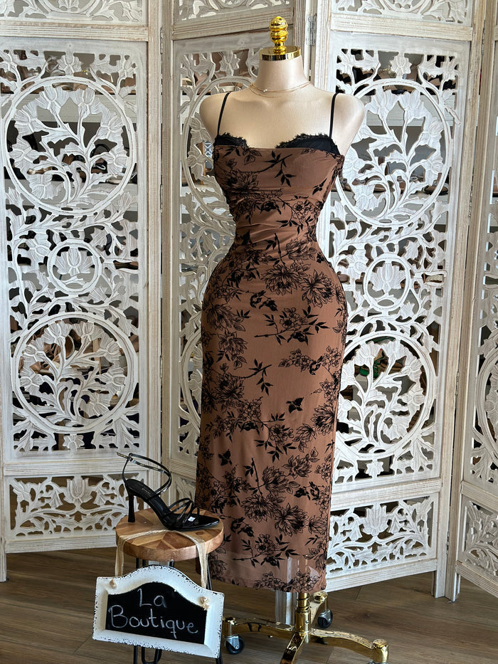 Velvet Flower Cami Mesh Midi Dress- Stretchy,Estira