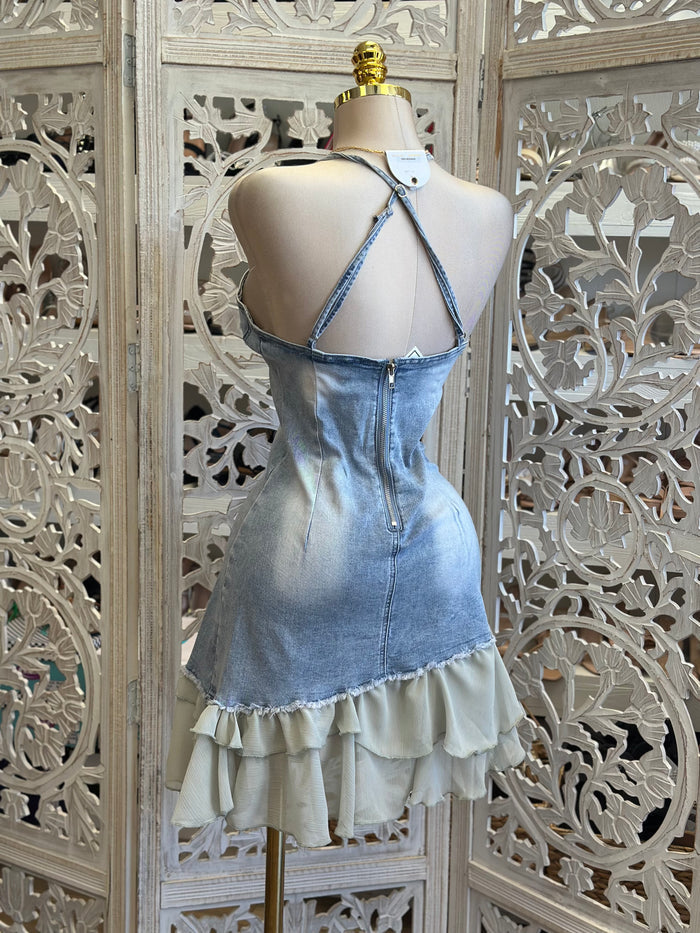 Washed Denim Ruffle Mini Dress- Stretchy, Estira
