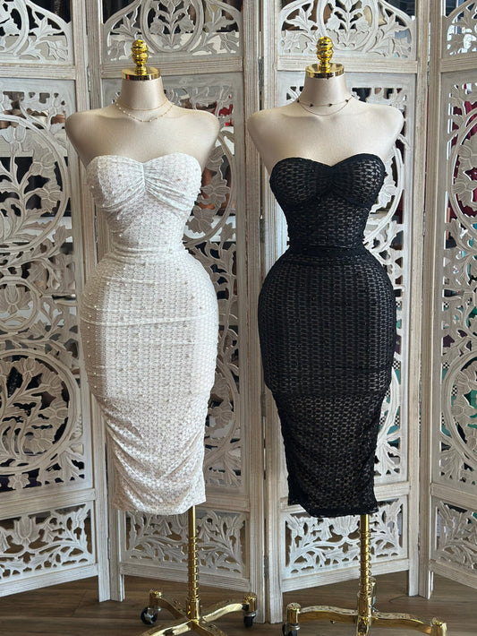Web Knit Embellished Strapless Dress-Stretchy,Estira