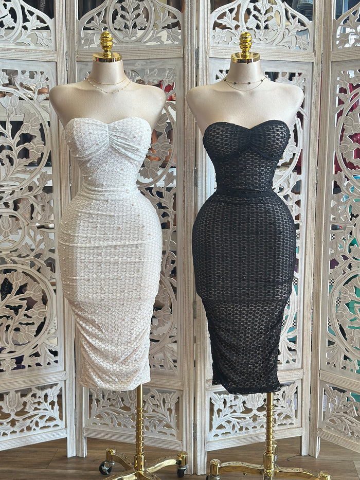 Web Knit Embellished Strapless Dress-Stretchy,Estira