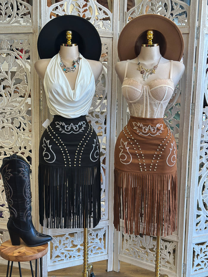 Western Embroidered Midi Skirt-Estira Poco, Slightly Stretchy