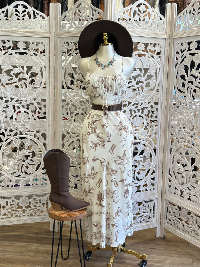 Western Print Maxi Dress- No Estira, Not Stretchy