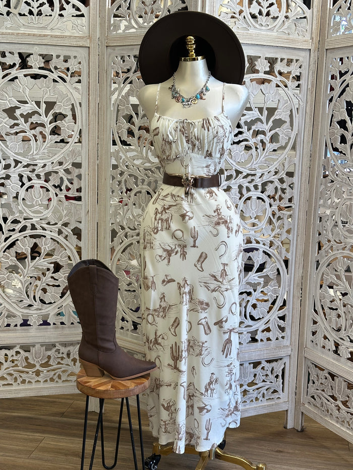 Western Print Maxi Dress- No Estira, Not Stretchy