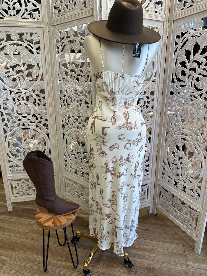Western Print Maxi Dress- No Estira, Not Stretchy