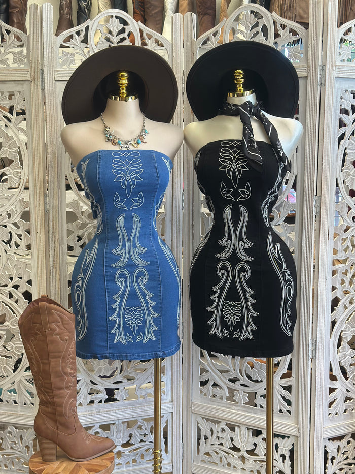 Western Strapless Mini Dress- Estira, Stretchy