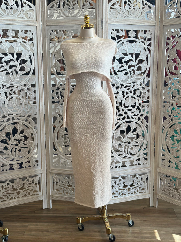 Wheat Knit Off Shoulder Dress-Stretchy,Estira