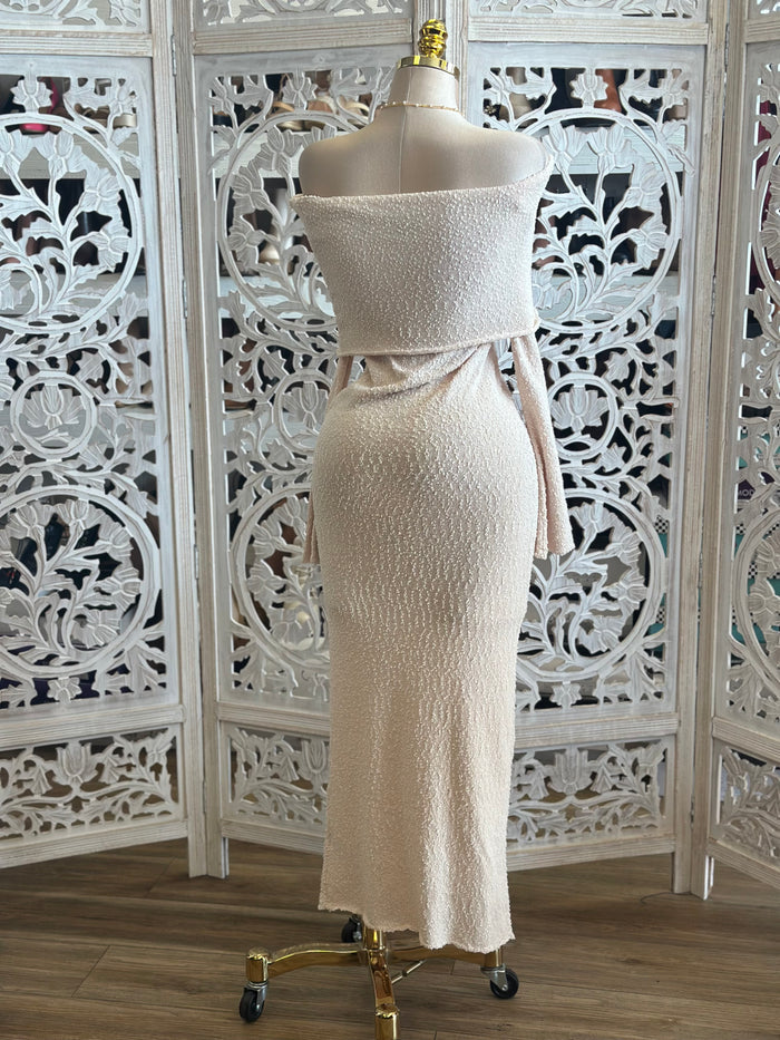 Wheat Knit Off Shoulder Dress-Stretchy,Estira