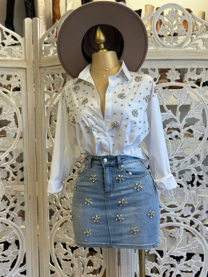 White Button Up Rhinestone Flower Blouse