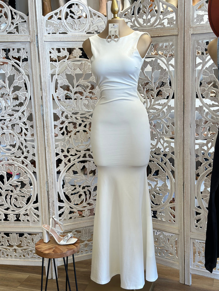 White Deep Scoop Back Bow Dress-Stretchy