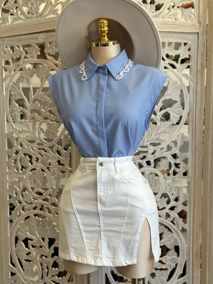 White Denim Slit Mini Skirt- Stretchy
