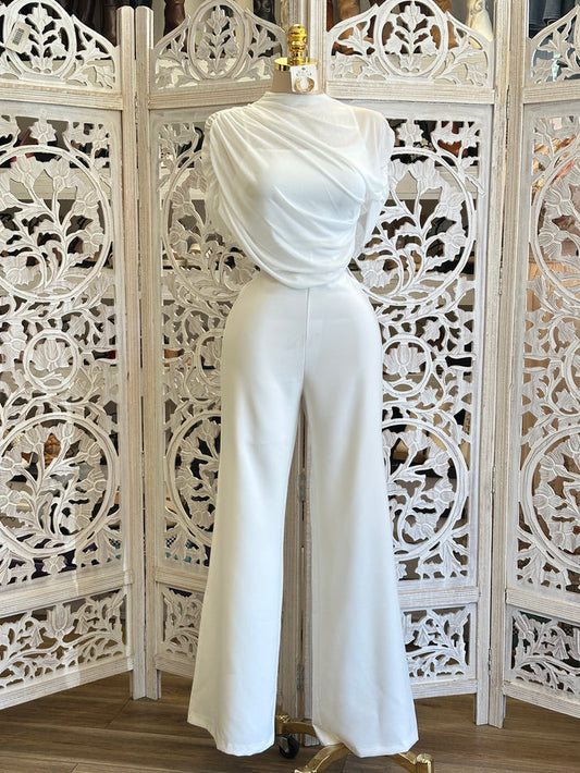 White Draped Jumpsuit - Slightly Stretchy,Estira Poco