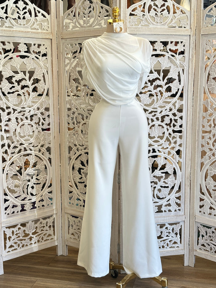 White Draped Jumpsuit - Slightly Stretchy,Estira Poco
