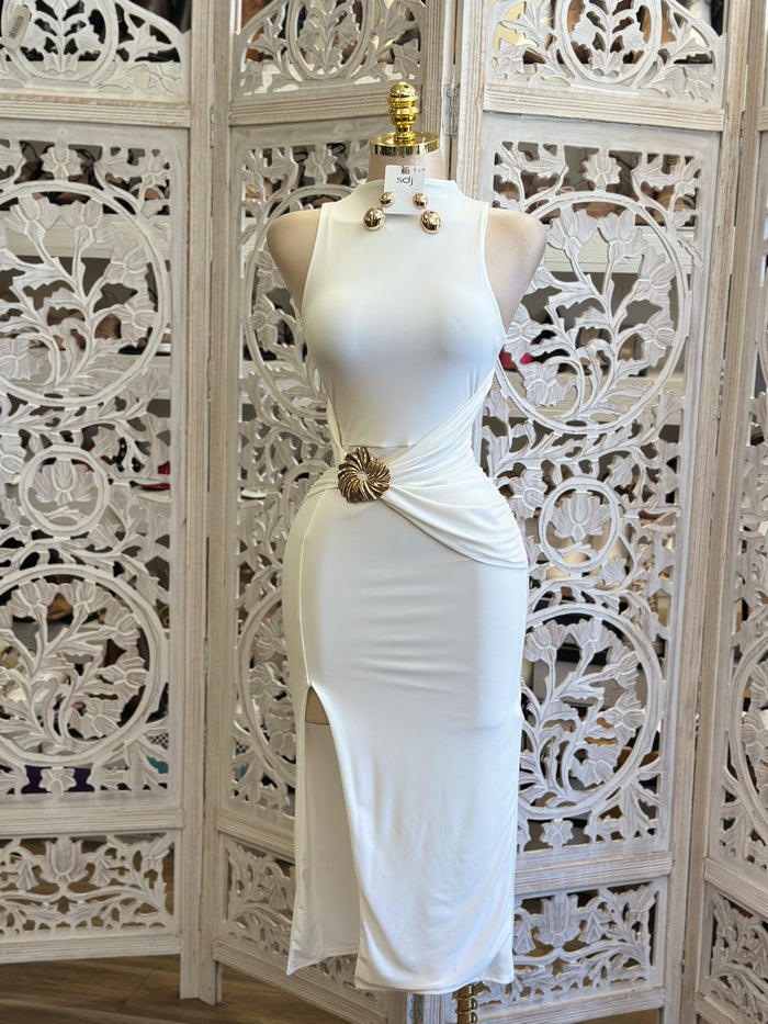 White Draped Midi Dress- Estira, Stretchy