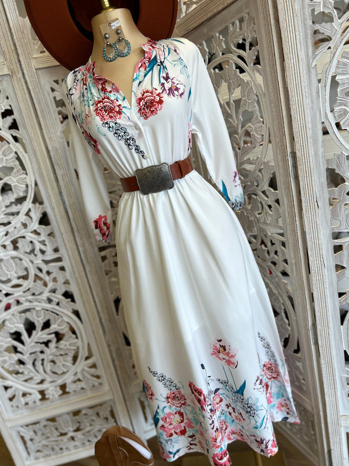 White Flower Border Midi Dress- Not Stretchy