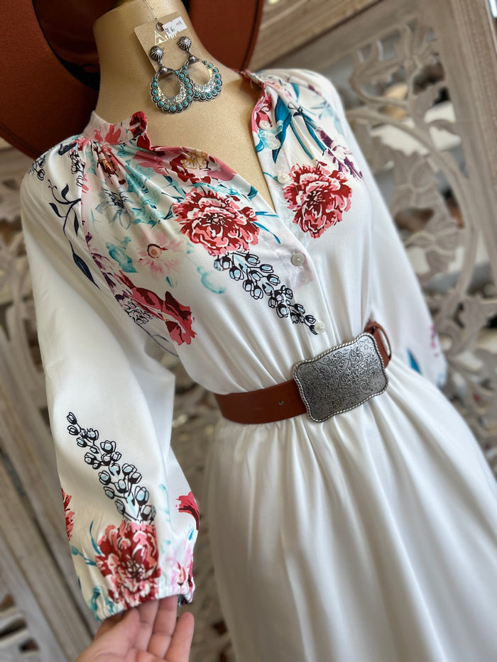 White Flower Border Midi Dress- Not Stretchy