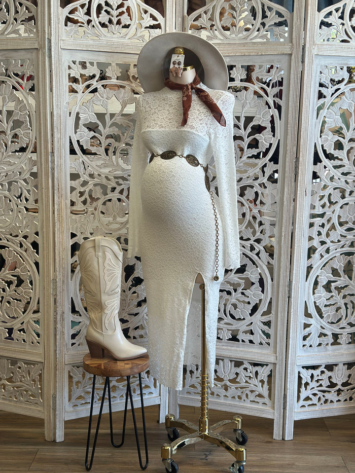 White Full Lace Slit Dress- Stretchy, Estira