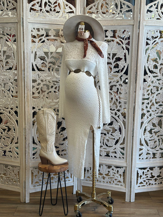 White Full Lace Slit Dress- Stretchy, Estira
