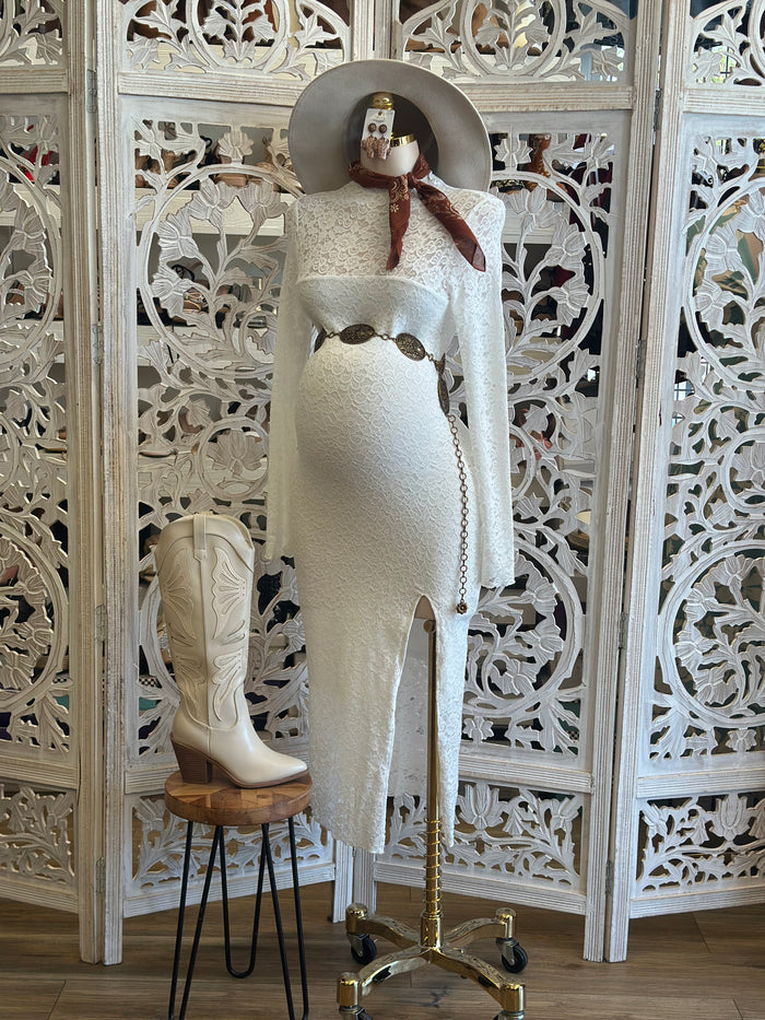 White Full Lace Slit Dress- Stretchy, Estira