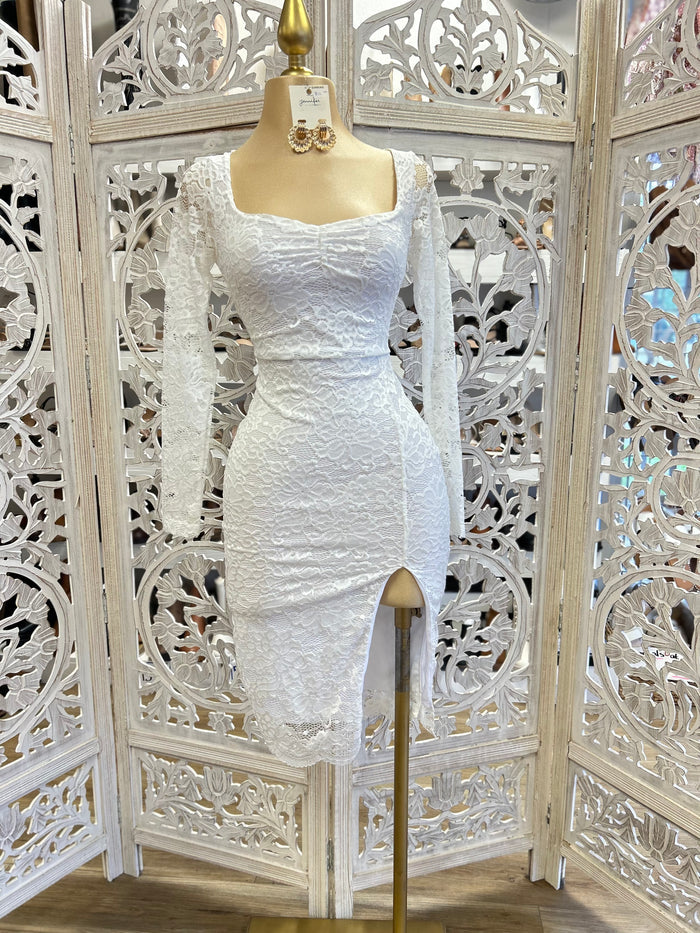 White Lace Square Neck Slit Dress- Stretchy