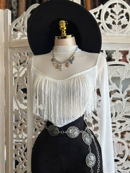 White Mesh Fringe Blouse - Estira, Stretchy