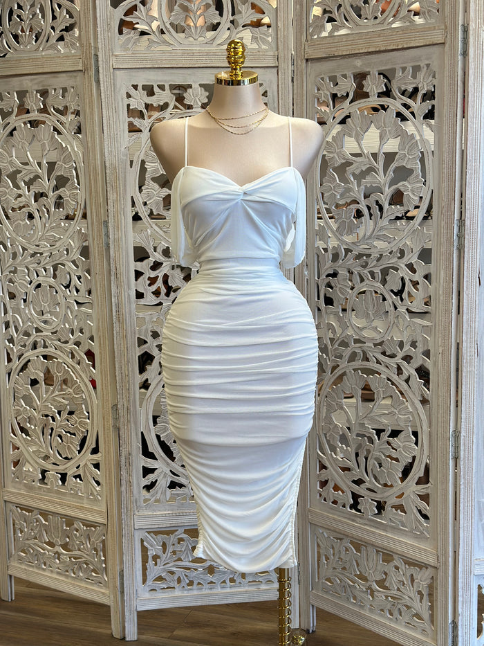 White Midi Ruched Dress - Estira, Stretchy