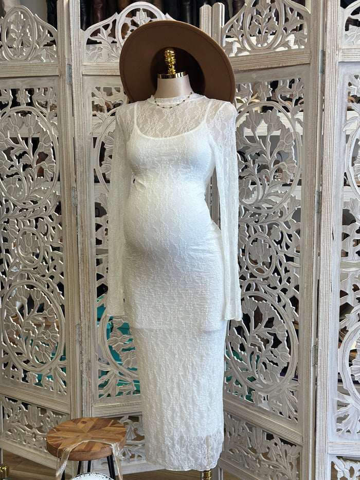 White Mock Neck Lace Maxi Dress- Stretchy,Estira