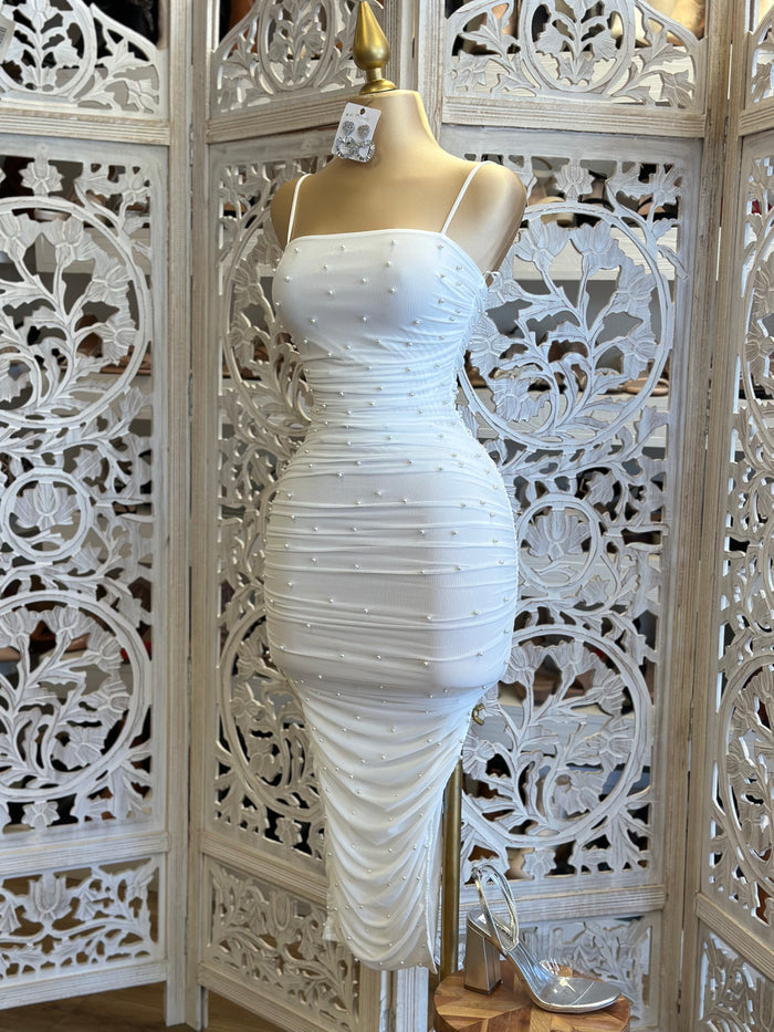 White Pearl Ruched Dress- Stretchy