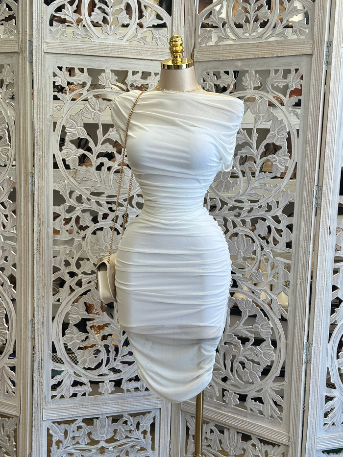 White Shawl Midi Dress- Stretchy, Estira