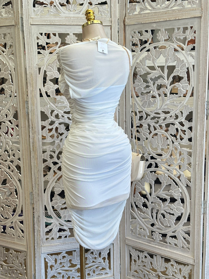 White Shawl Midi Dress- Stretchy, Estira