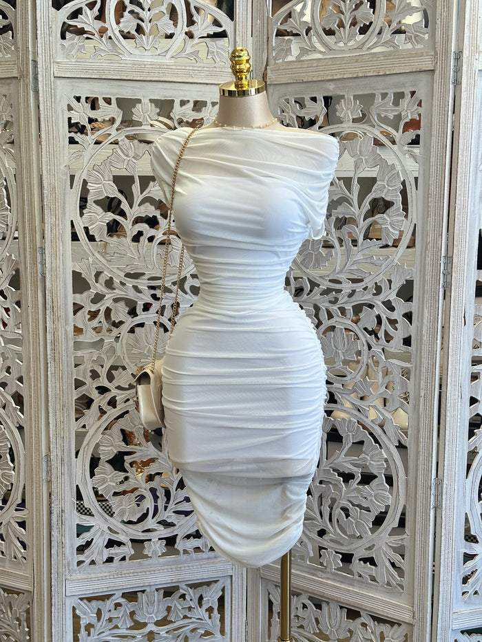 White Shawl Midi Dress- Stretchy, Estira