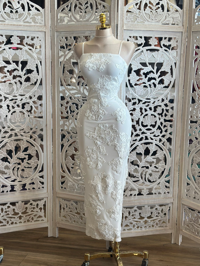 White Square Neck Floral Dress-Stretchy,Estira