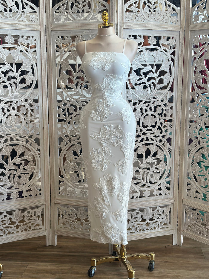White Square Neck Floral Dress-Stretchy,Estira
