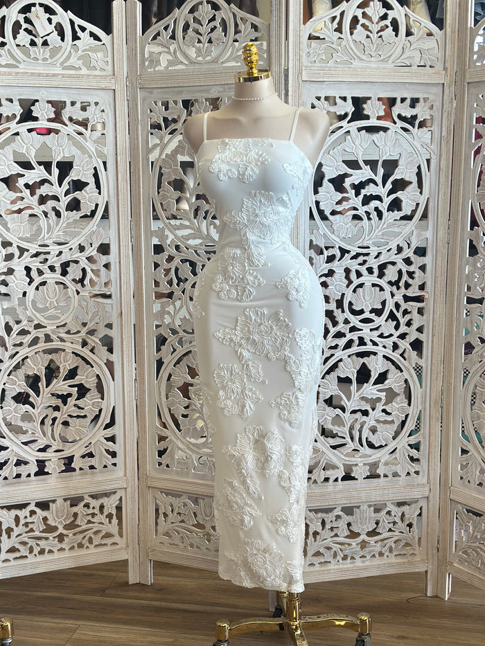 White Square Neck Floral Dress-Stretchy,Estira