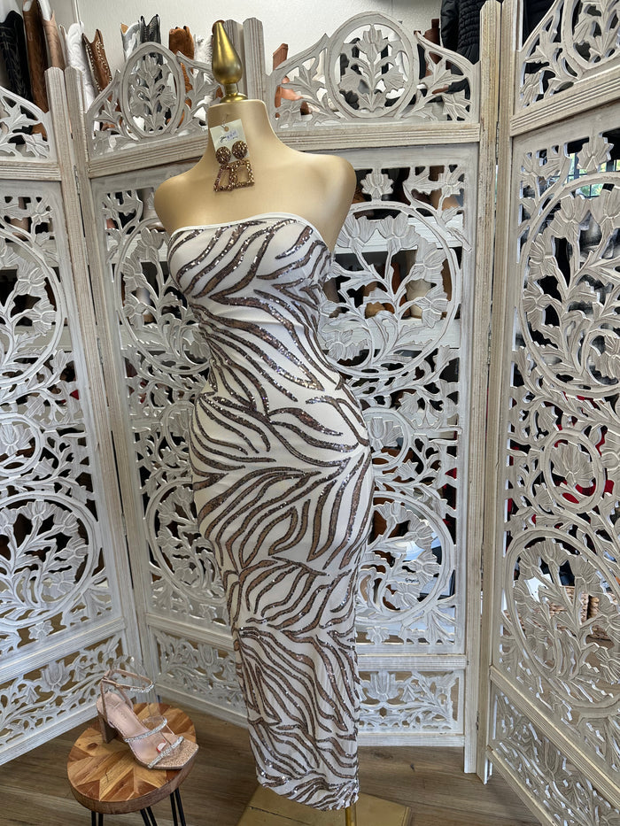 White Strapless Sequin Pattern Midi Dress