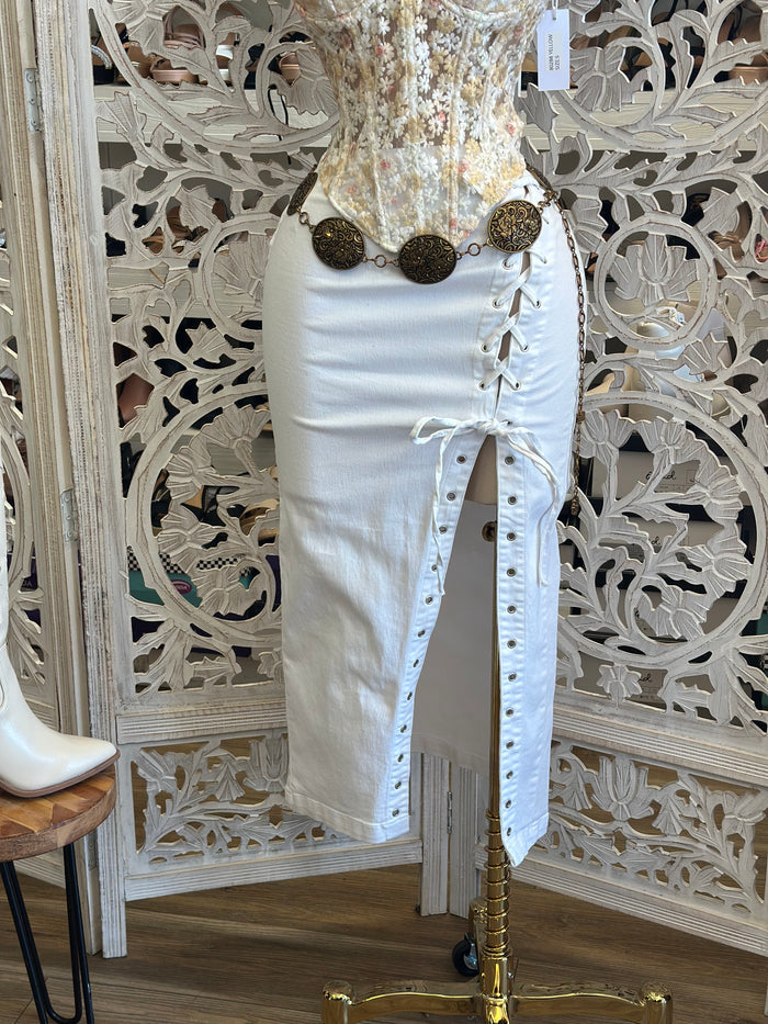 White Tie Up Midi Skirt-  Stretchy , Estira