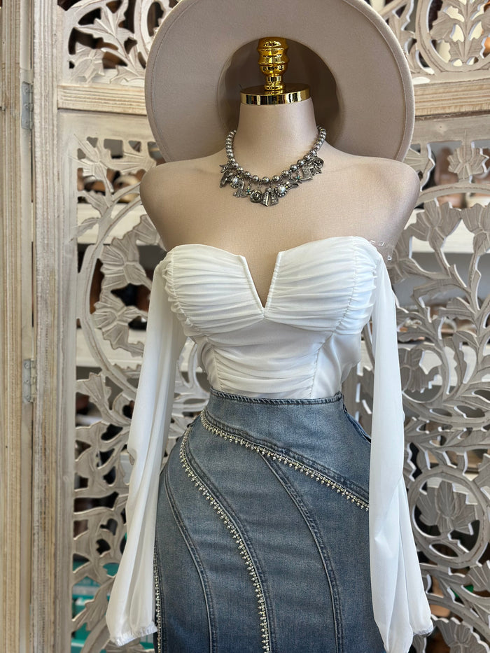 White V Ruched Off Shoulder Top- Estira, Stretchy
