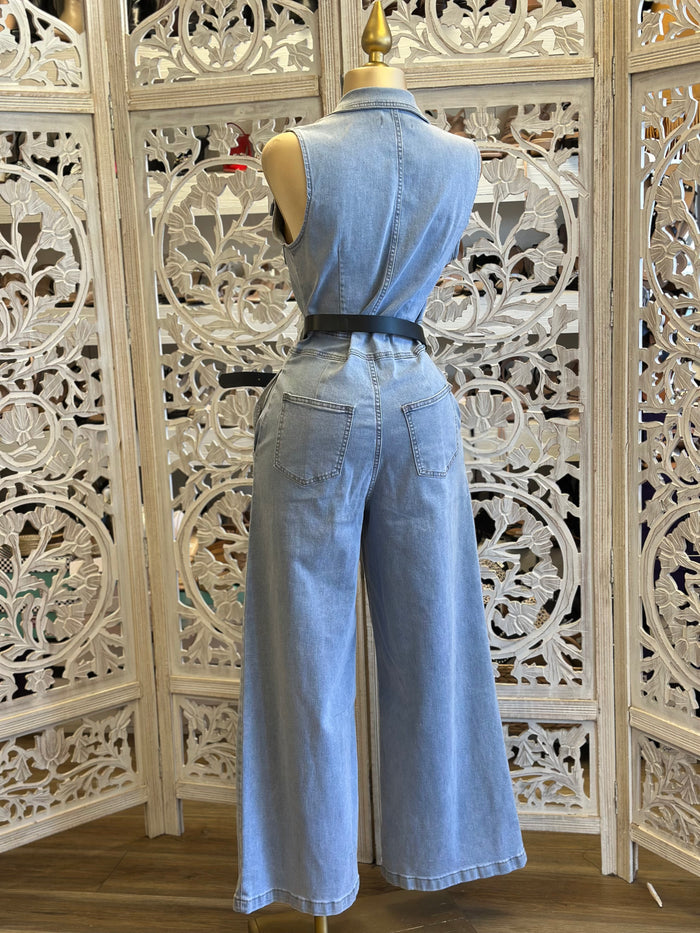 Wide Leg Light Denim Jumpsuit-Estira Poco , Slightly Stretchy