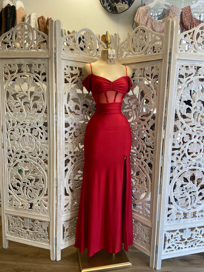 Wine Corset Mesh Formal Dress