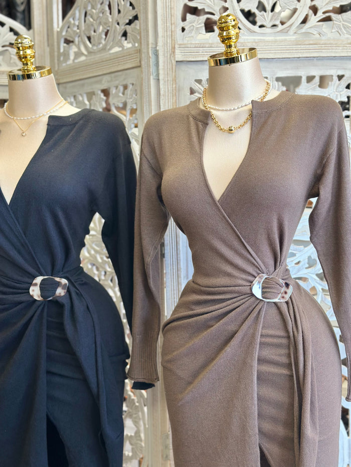 Wrapped Brass Buckle Sweater Dress- Stretchy,Estira
