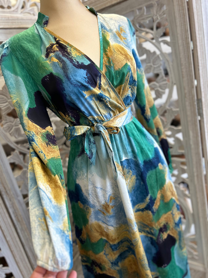Wrapped Multicolor Green Midi Dress- Not Stretchy