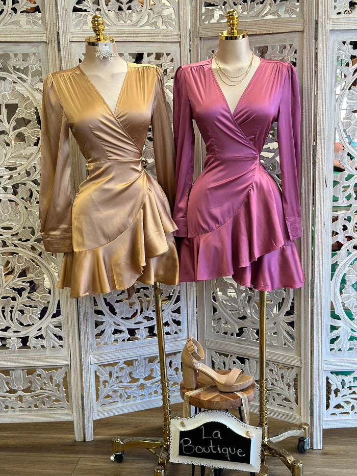 Wrapped Ruffled Mini Satin Dress- Stretchy,Estira