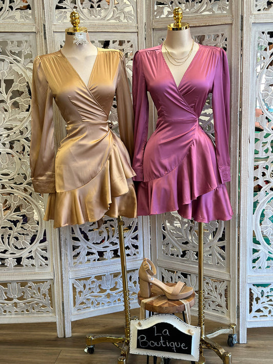 Wrapped Ruffled Mini Satin Dress- Stretchy,Estira