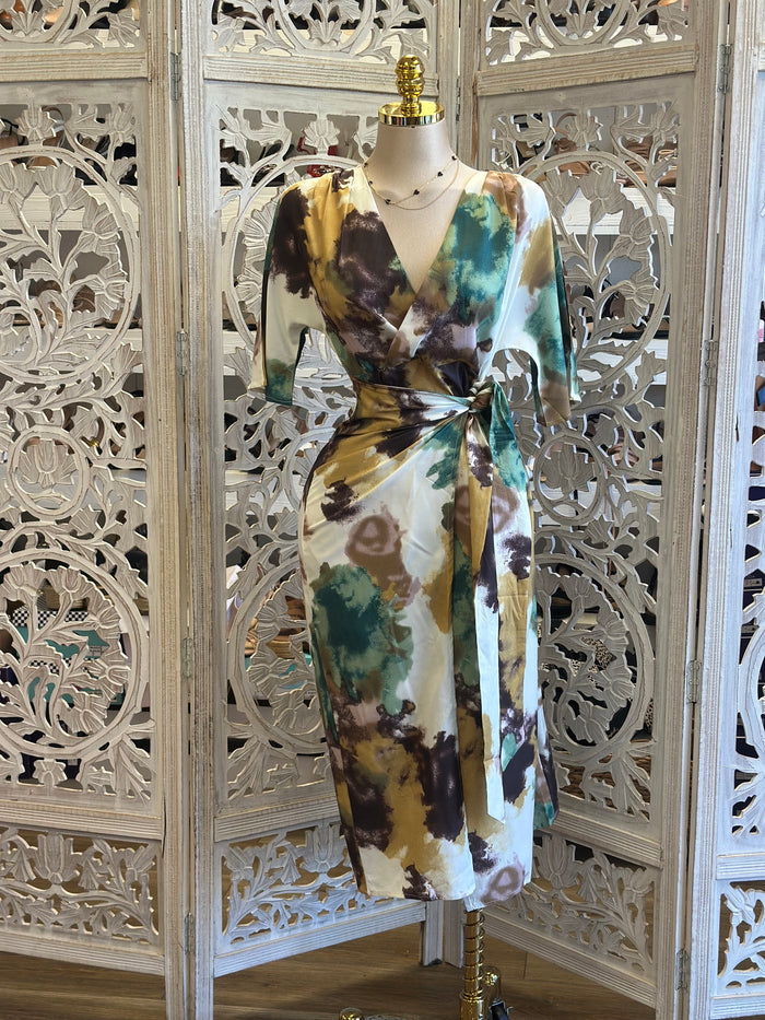 Wrapped Teal and Blue Midi Dress-No Estira, Not Stretchy