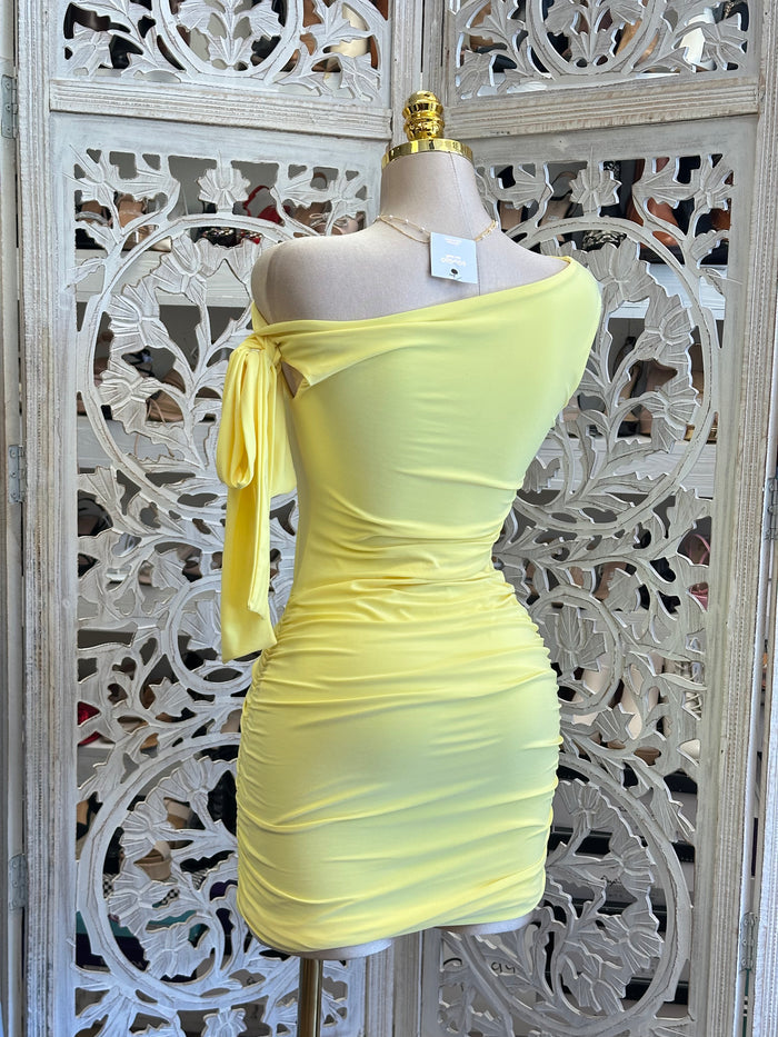 Yellow Asymmetrical Bow Mini Dress- Estira, Stretchy