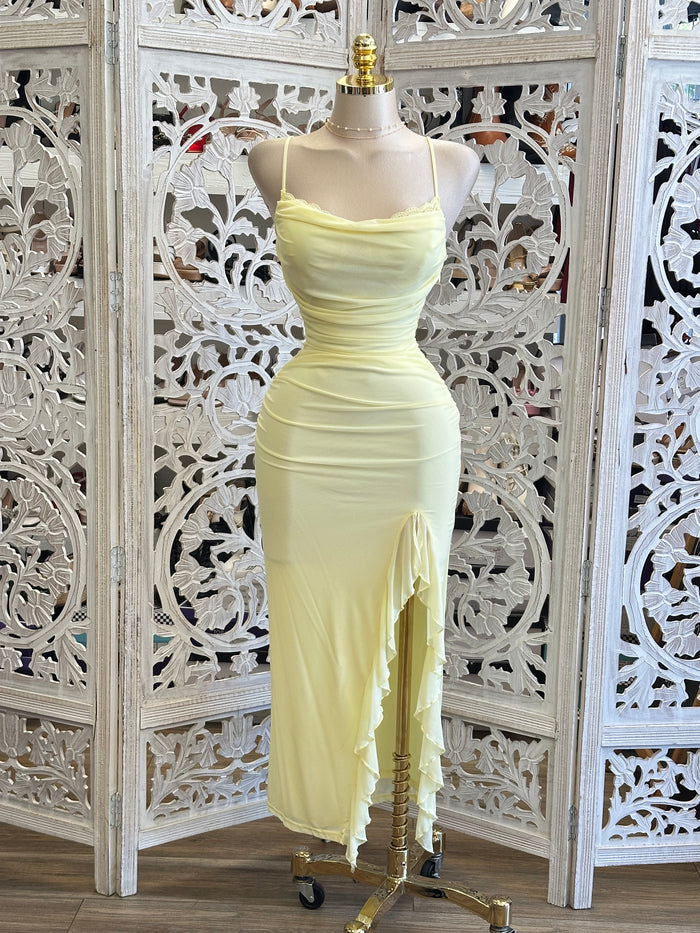 Yellow Mesh Ruffle Dress-Stretchy, Estira