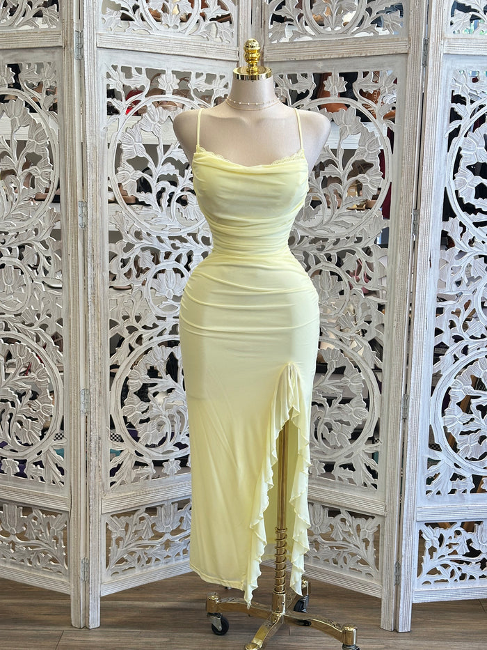 Yellow Mesh Ruffle Dress-Stretchy, Estira