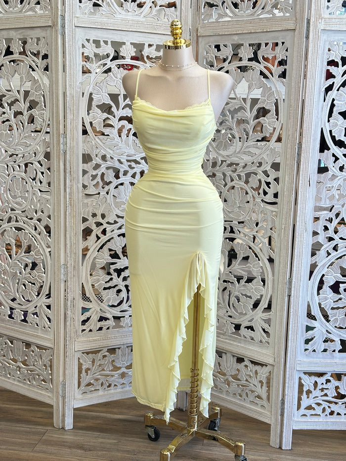 Yellow Mesh Ruffle Dress-Stretchy, Estira